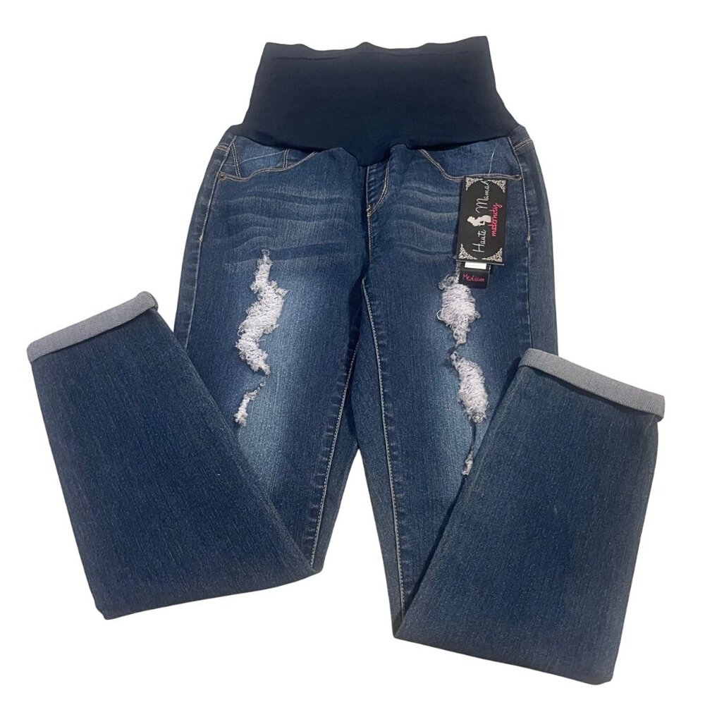 Haute Mama Stylish Distressed Maternity Skinny Jeans Over Belly Stretch Denim M - Picture 6 of 8